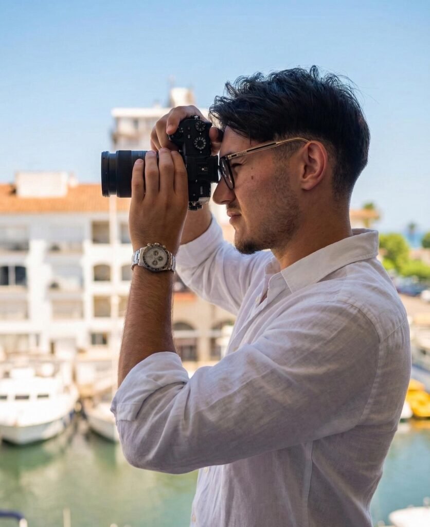 Matin Shakurov, photographe de mariage à Bourges, cadre une photo avec son appareil
